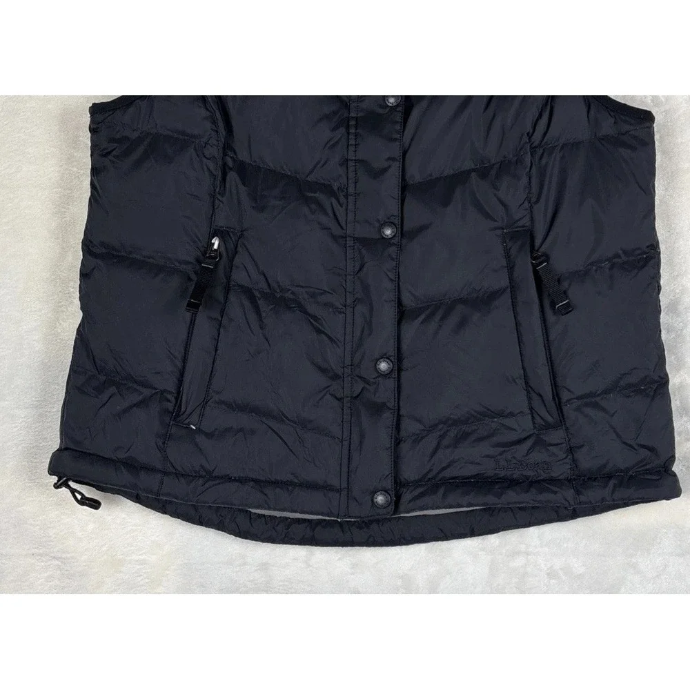L.L.Bean Womens M Goose Down Puffer Vest Black Snap Front‎ Warm Cozy Preppy Chic